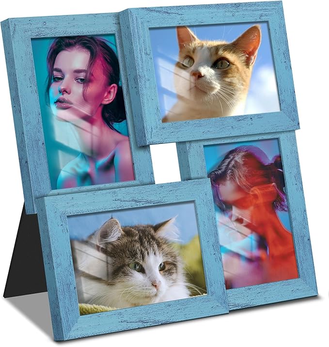 4x6 Collage Picture Frame Tempered Glass Front, Displays Four 4x6 Photo, Family Photo Collage Frame, Wall Decor Wall Hanging or Tabletop, Blue