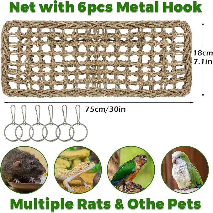 30x7inch Rat Climbing Toys for Cage, Chewable Natural Seagrass Mat | with Metal Hooks, Soft Fall Breakers for Rats, Rat Ladder Bridge Toy with Mild Grassy Scent, Rodent Hammock Cage Accessories