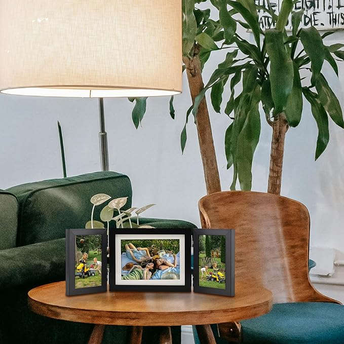 Hinged Tri-Fold 4x6 & 6x8 Picture Frame with Tempered Glass-Tabletop or Wall Mounted Display for Two 4x6 & One 5x7/6x8 Photos (with/without Mat)-Classic Black-H467546