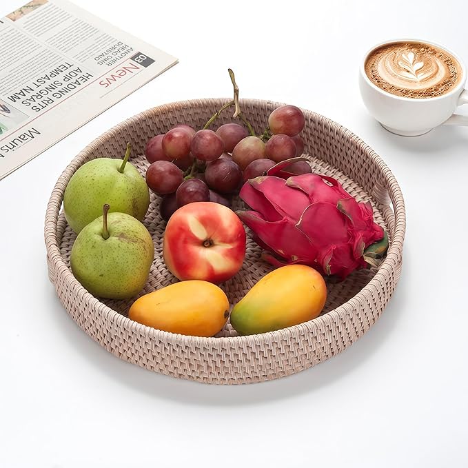 16.9" Round Rattan Tray, Hand Woven Serving Tray with Handles, Wicker Serving Basket, Decorative Tray for Home Decor, Whitewash