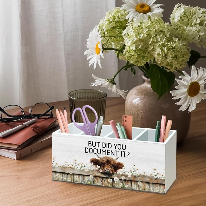 DILSJ Funny Highland Cow Office 4 Compartment Pen Pencil Holder for Desk | Funny Coworkers Work Humor Gifts, But Did You Document It Wooden Box Signs Organizer for Home Office Desk Tabletop Decoration