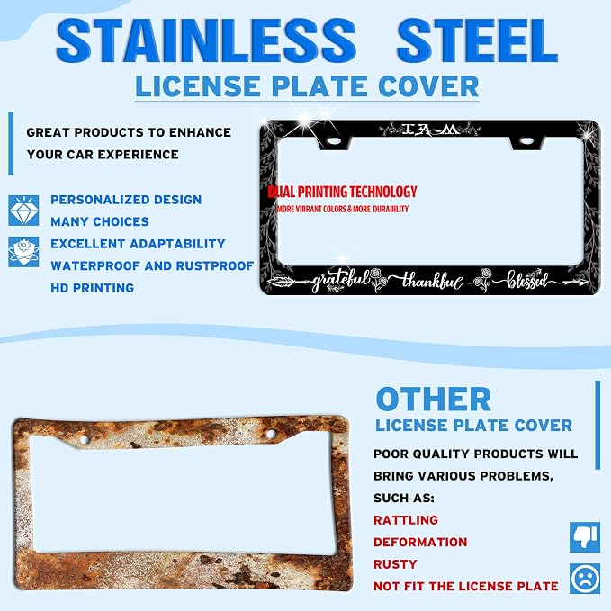 Grateful Thankful Blessed License Plate Frame Stainless Steel 6 X 12 Inch | Fits US Standard With Screws Rust Resistant For Car Front Rear Decoration Accessories Easy Installation For Cars SUV Truck