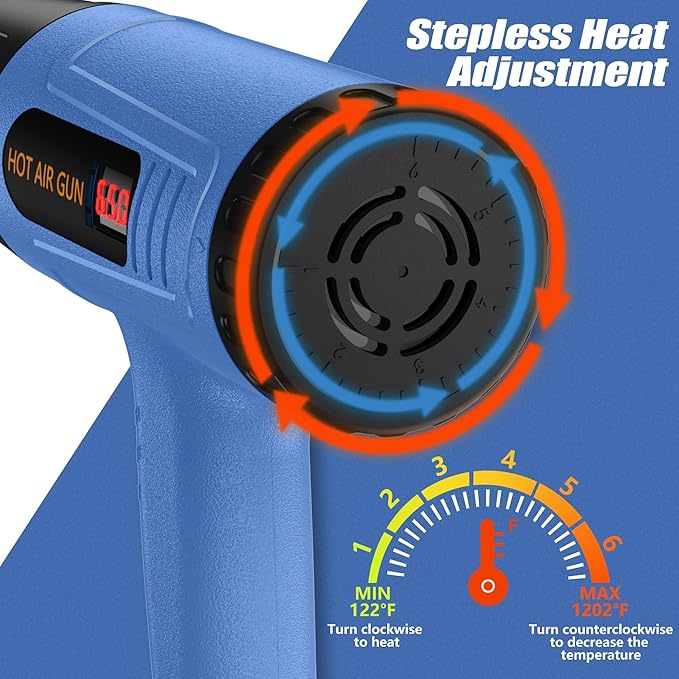 Side Digital Display Heat Gun, Quick heating Heat Gun' set, Variable Temperature control 122 ℉~1202 ℉ Overheat protection, With 4 Nozzles, Suitable for Heat shrink tubing and PVC softening