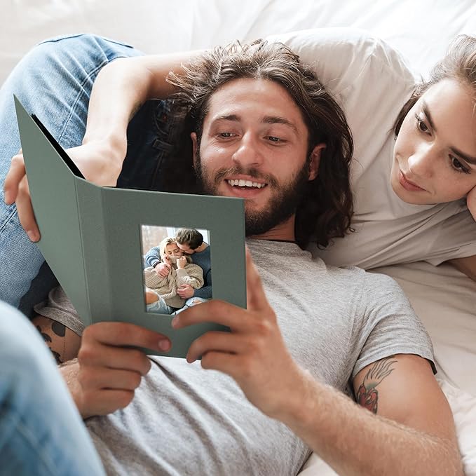 2 Pack Photo Album Holds 24 Pockets with Linen Cover and Customizable Window, Fits 4x6 Photos, Archival Black Pages, Gray Green