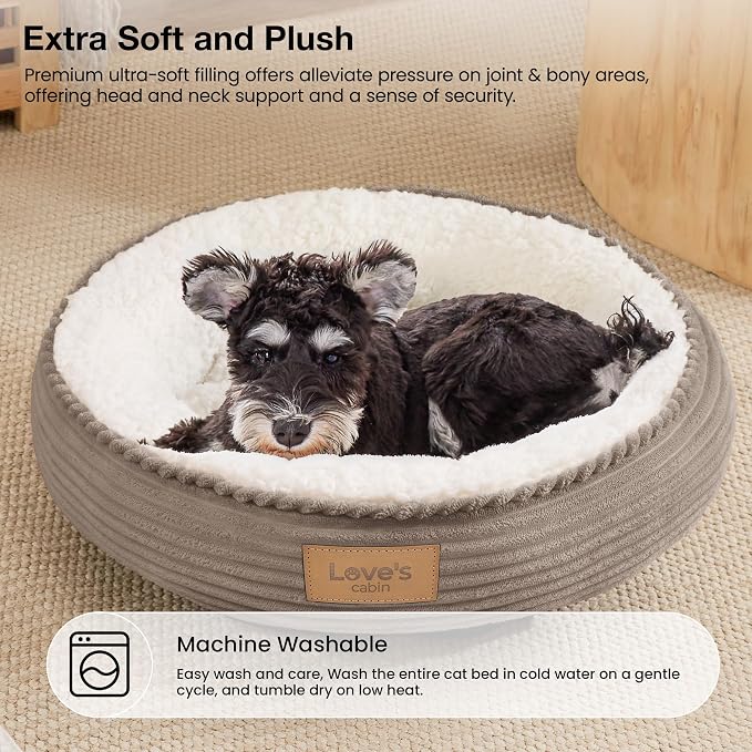 Love's cabin Round Donut Cat and Dog Cushion Bed, 24in Pet Bed for Small or Medium Dogs, Anti-Slip & Water-Resistant Bottom, Soft Durable Fabric Pet Beds, Washable Calming Cat Bed Khaki