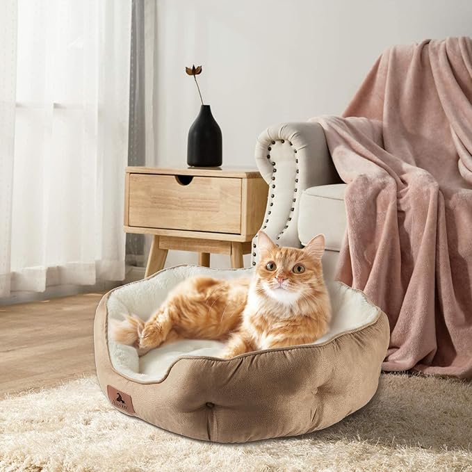 Asvin Medium Dog Bed for Medium Dogs, Cat Beds for Indoor Cats, Pet Bed for Puppy and Kitty, Extra Soft & Machine Washable with Anti-Slip & Water-Resistant Oxford Bottom, Light Brown, 25 inches