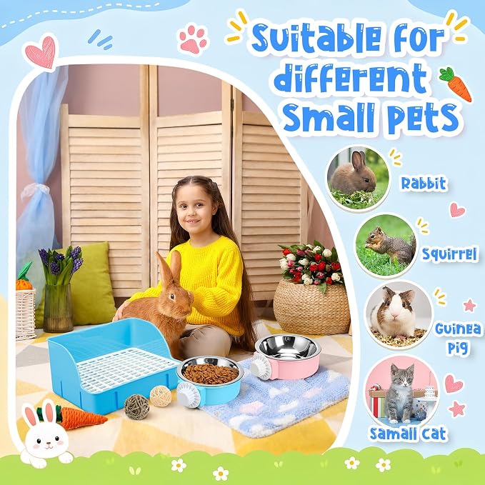 Reallnaive 15 Pcs Rabbit Starter Kit Small Rabbit Litter Box Girls Gift Animal Grooming Kit Bunny Toys Bowl Blankets with Cleaning Set for Guinea Pig Accessories(Bright Blue)