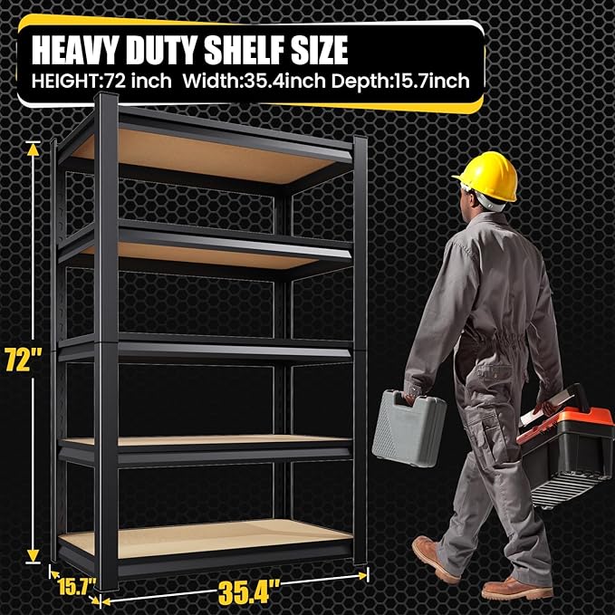 5-Tier Garage Shelving Heavy Duty, 2000LBS Garage Shelves, Adjustable Metal Shelving Unit, Garage Storage Shelves, Utility Storage Rack Shelf，Shelves for Garage Storage, Pantry, 72"H×35.4"W×15.7"D