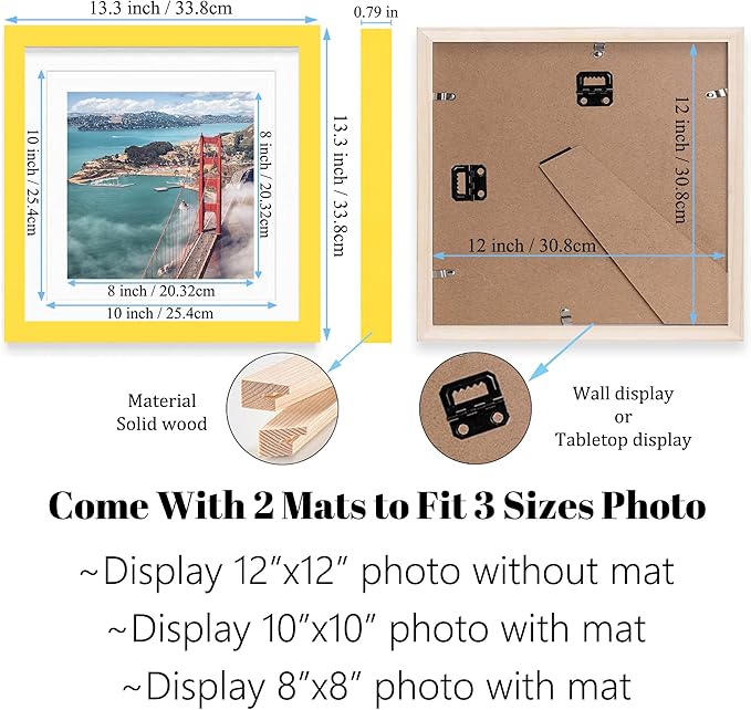 12x12 Wood Picture Frames for Wall Hanging or Tabletop,Diamond Painting Frame Baby Scan Picture Frames with 2 Mats Display 8x8 or 10x10 for Family Walls Decoration,Anniversary,Wedding,Christmas(Yellow)