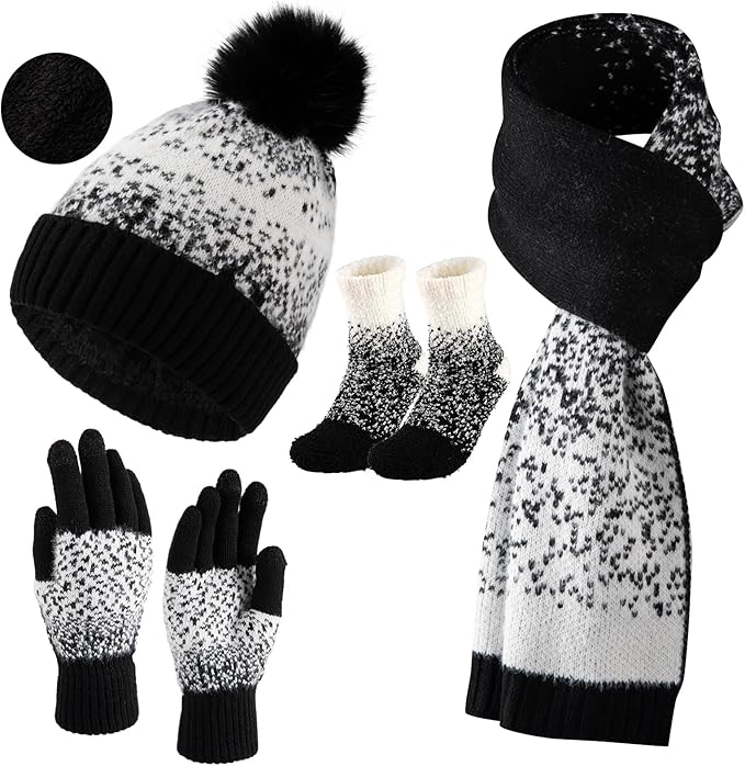 Womens Winter Beanie Hat Scarf Gloves Fuzzy Socks 4 In 1 Set Thermal Fleece Knitted Hat Warm Long Scarf Cold Weather