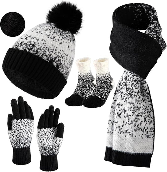 Womens Winter Beanie Hat Scarf Gloves Fuzzy Socks 4 In 1 Set Thermal Fleece Knitted Hat Warm Long Scarf Cold Weather