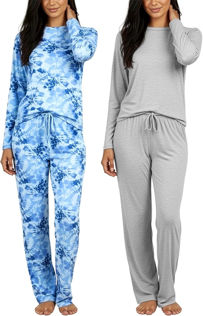 Real Essentials 2 Pack: Women's Comfy Pajama Sets - Short & Long Sleeve Ladies Loungewear Sleepwear PJs (Available In Plus)