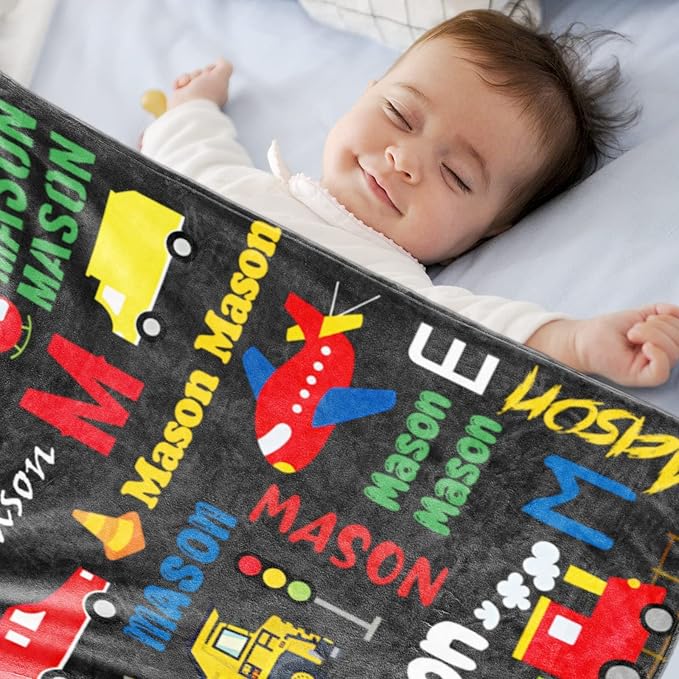 Personalized Blanket with Name for Boys, City Car Transport Custom Name Blanket, Soft Flannel Toddler Blankets Customized Gift for Newborn Baby Shower Birthday-60 x80