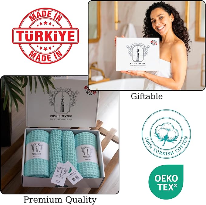 Püskül - Luxury Waffle Towel Set for Bathroom 4 Pieces Turquoise Blue, Premium Quality Organic 100% Turkish Cotton 2 Hand and 2 Bath Towels, Quick Dry Thin Waffle Towels, Made in Turkiye (Turquoise)