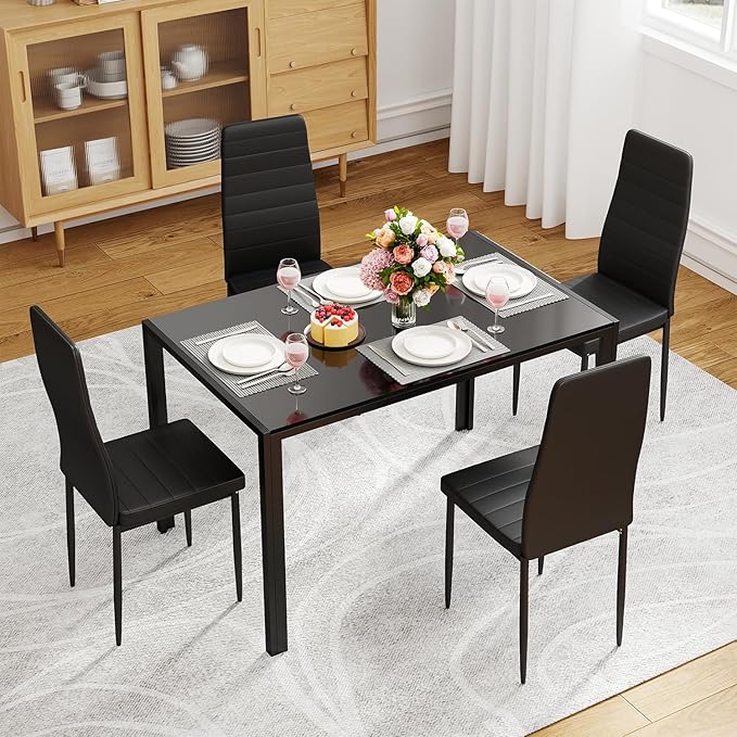 FDW | Dining Table Set for 4 | 5-Piece Glass Black Dining Table | Kitchen Table with 4 Upholstered Chairs and Faux Leather Cushions | Space-Saving and Modern Design | for Dining Room, Easy to Assemble