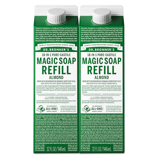 Dr. Bronner's Magic Soap Pure-Castile Liquid Soap Refill - Made with Regenerative Organic Certified Oils - 18-in-1 Uses for Face, Body Wash, Hand Soap Refill, Vegan Bath Soaps- Almond, 2-Pack, 32oz