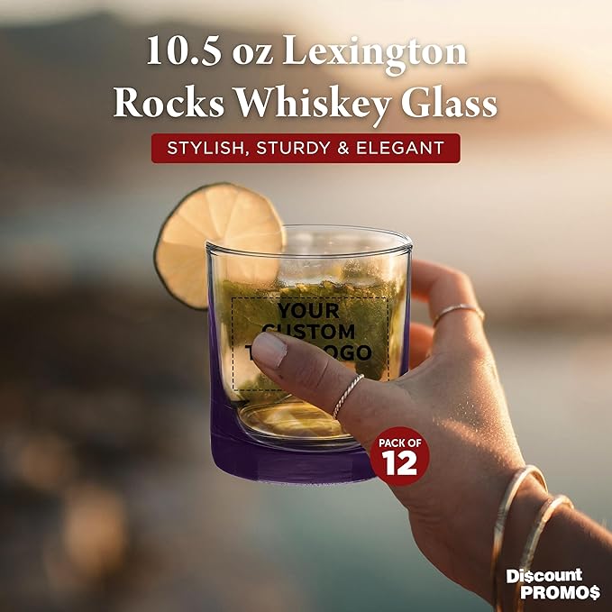 Custom Lexington Rocks Whiskey Glass 10.5 oz, Set of 12, Personalized Bulk Pack - Perfect for Scotch, Bourbon, Whiskey, Cocktail - Purple
