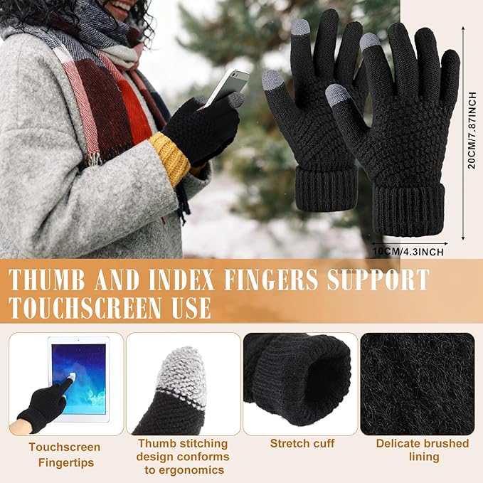 Geyoga 6 Pcs Winter Hat Scarf Gloves Set Knitted Touchscreen Gloves Plaid Scarf Earmuffs Socks Gift for Women Men