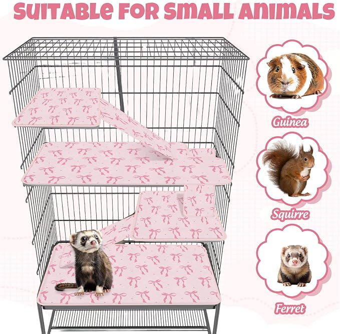 JarThenaAMCS 7 Pcs Bow Ferret Cage Liner Set Ferret Critter Nation Cage Accessories Kit Pink Bowknot Washable Double Unit Set Pee Pads for Hamster Chinchilla Small Animal Accessory