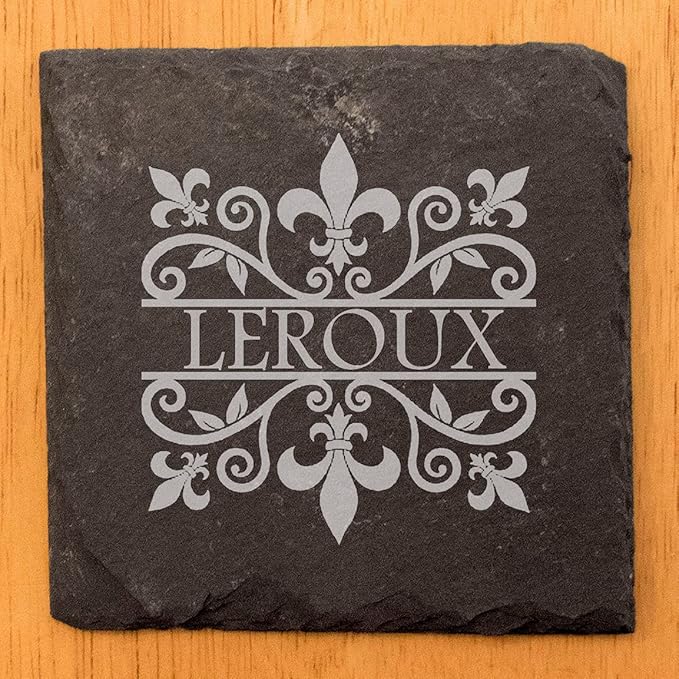 A Touch of Class: Personalized Fleur de Lis Coasters with Monogram - Square Slate - Set of 8