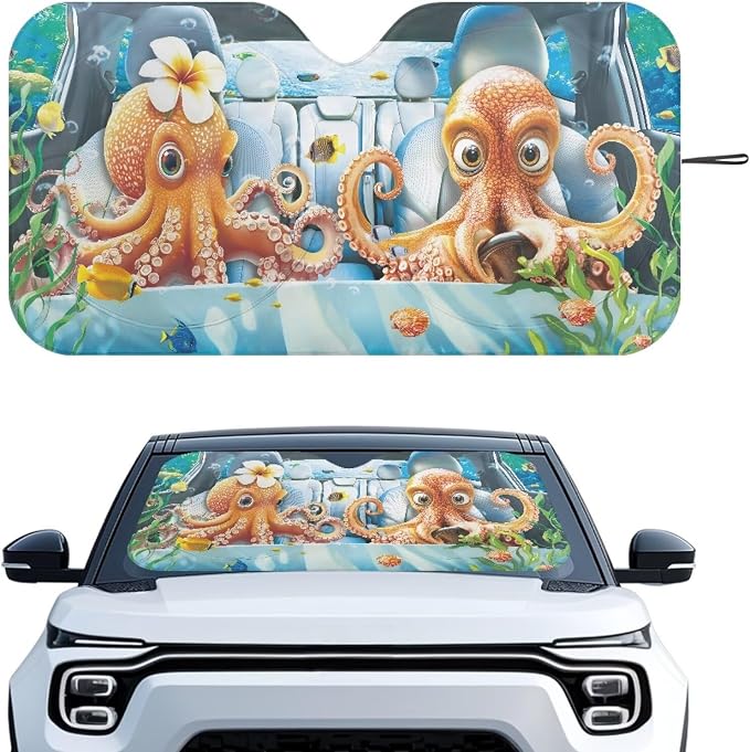 Octopus Print Car Front Windshield Sun Shade Foldable Funny Cute Window Sun Visor UV Rays & Heat Protection Reflector Sunshade Offers Protection for Car Interior for Pickup Truck SUV