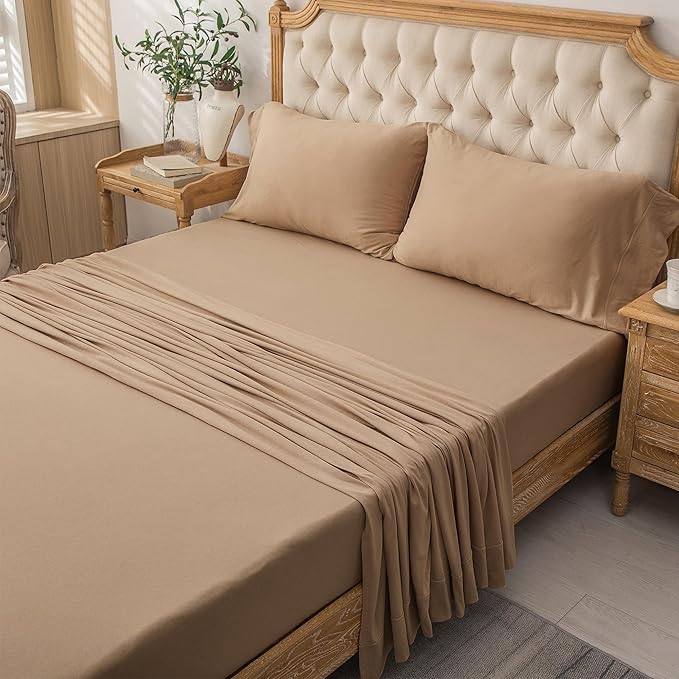 PURE ERA Jersey Knit 4pc Bed Sheet Set 100% T-Shirt Cotton Super Soft Comfy Breathable Fits Mattress Up to 20" Extra Deep Pocket (Solid Toffee Brown, King)