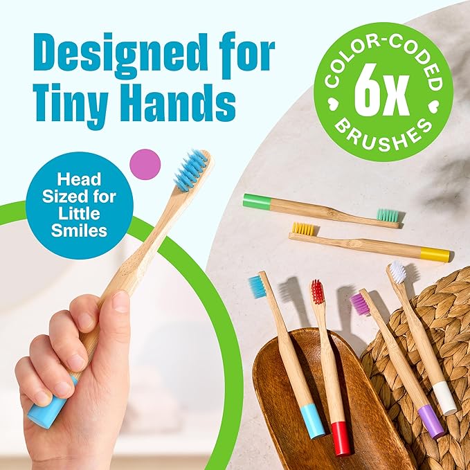 Kids Bamboo Toothbrushes 6 Pack - BPA Free Soft Bristles Toothbrushes for Kids - Children Toothbrush Set