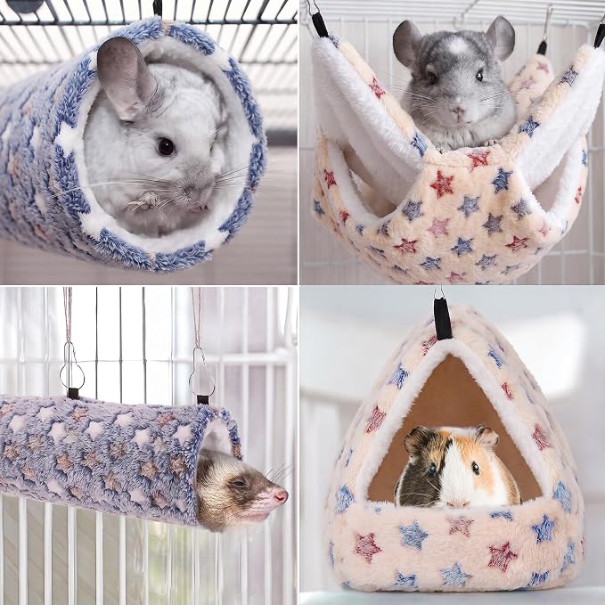 MCEAST 4 Pieces Small Pets Cage Accessories Hanging Hammock Sleeping Bag Tunnel and Bed Hideout Set Warm Sleep Nap Sack Bed for Hamster Ferret Squirrel Rabbit, Light Brown and Gray Stars