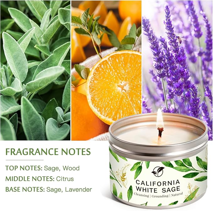 Sage Candles for Cleansing, White Sage Candle 6 Oz- 35 Hour Burn Time, Soy Wax Aromatherapy Candles for Cleansing House Negative Energy Smudge Kit, Scented Candle Gifts for Women