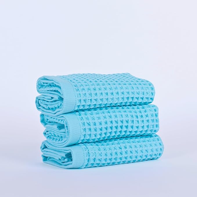 PÜSKÜL - Set of 3 Organic Waffle Hand Towel Turquoise - Premium Quality, 100% Turkish Cotton, Soft, Quick-Dry, Absorbent, Lint-Free Face Kitchen Hand Towels (Turquoise, Hand Towels - Pack of 3)