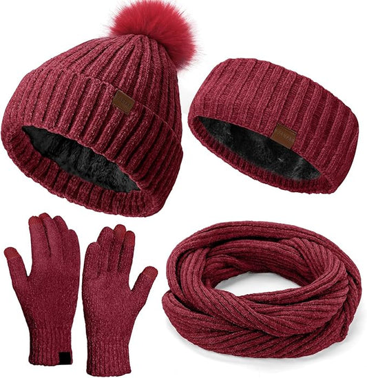 Winter Hats Gloves Scarf Set for Women, Beanie Hat Headband Ear Warmer, Infinity Scarf Touchscreen Gloves for Cold Weather