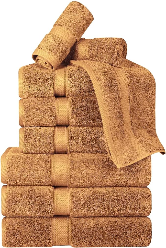 BNM Egyptian Cotton Heavyweight Towels, Ideal For Bathroom, Shower, Spa, Hotel, 800 GSM, Face/ Washcloths, Hand Towels, Bath Towels, Highly-Absorbent, Luxury Basics, 9 Piece Towel Set, Orange Rust