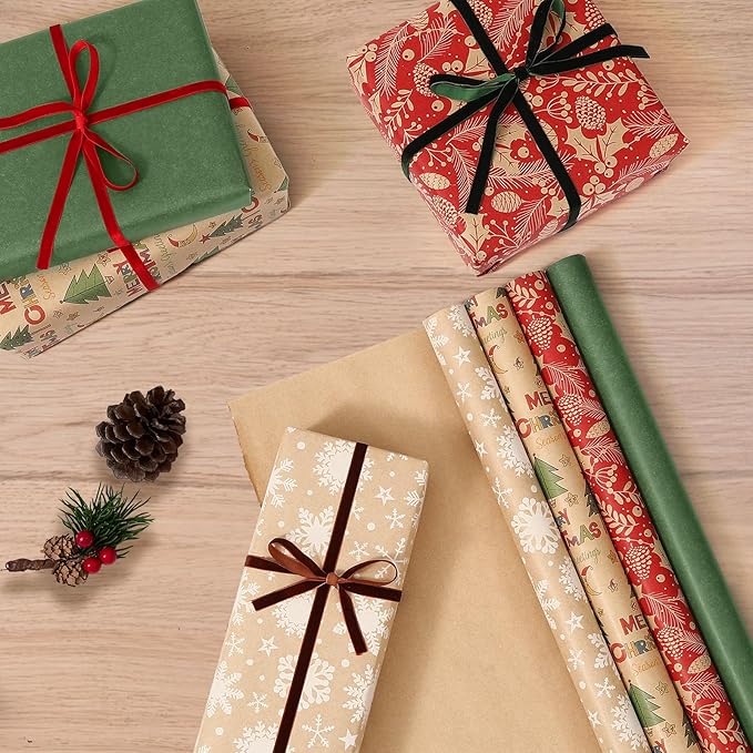 YANGTE Vintage Christmas Wrapping Paper Rolls, Brown Kraft Wrapping Paper Christmas Rolls with Red, Green and White Pattern, 4 Rolls Holiday Gift Wrapping Paper Rolls, 17in x 120in per Roll