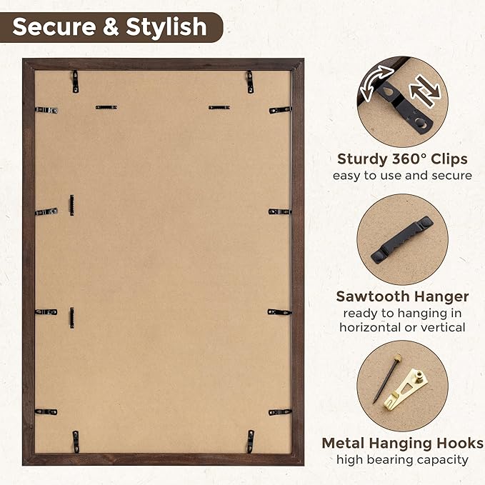 Fun Memories 20x30 Picture Frames, 20"x30" Poster Frame for Wall, 20 x 30 Rustic Wood Frame with Real Tempered Glass, Display Poster 16x24 with Mat or 20 x 30 Without Mat, Walnut, 1 Pack