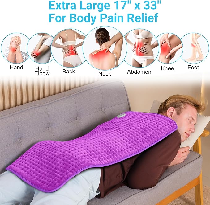 Boileau Electric Heating Pad for Back Pain and Period Cramps Relief, 17"x33" Extra Large XXXL, 3 Heating Levels Heat Pad with 2-Hour Auto Shut Off, Gifts for Women and Mom, Purple