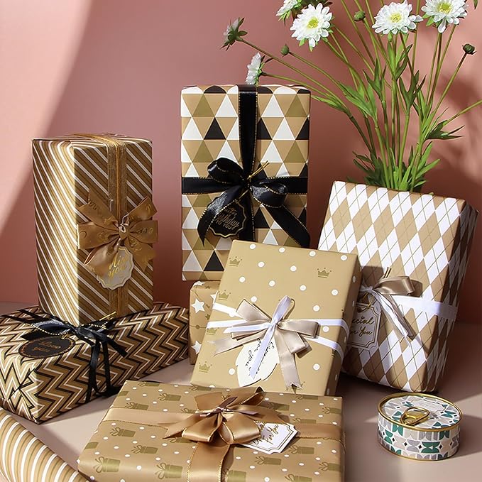 MAMUNU Gift Wrapping Paper Set, 8 Sheets Brown Wrapping Paper for Birthday Graduation and All Occasions, Gift Wrap Paper Set for Men Women, 20x28 Inch