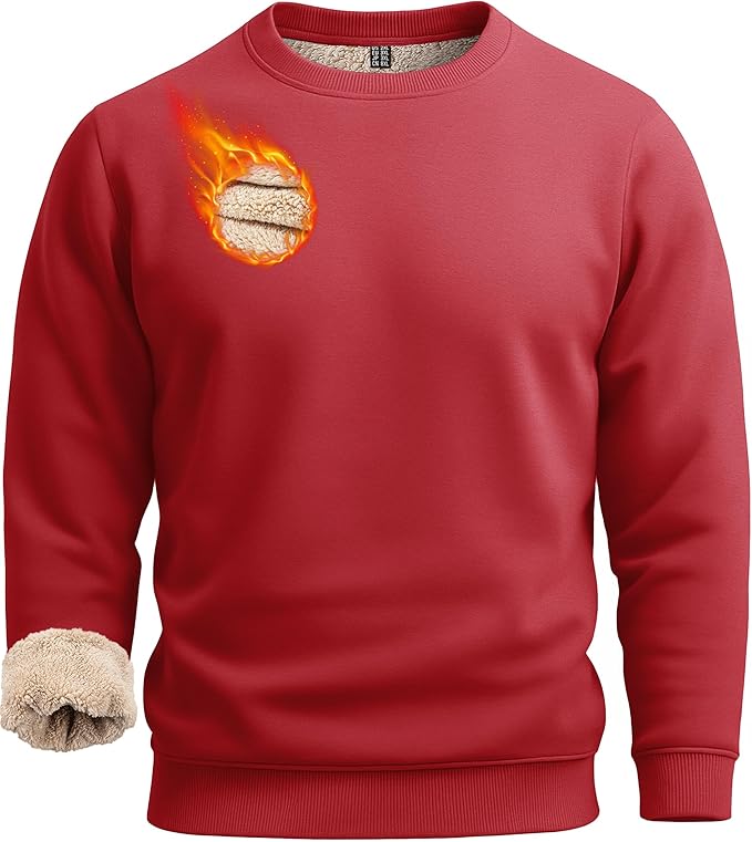 Boladeci Men's Full Sherpa Lined Crewneck Sweatshirts Heavy-weight Fleece Pullover Thick Thermal Long Sleeve Cotton