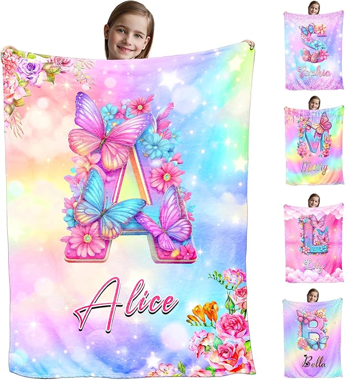 Ships Next Day, Personalized Blankets and Throws Letter Butterfly Rainbow Pattern Custom Blanket with Name Customized Flannel Blanket for Kids Christmas Blanket Gifts for Teen Girls Boys