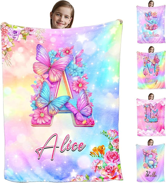 Ships Next Day, Personalized Blankets and Throws Letter Butterfly Rainbow Pattern Custom Blanket with Name Customized Flannel Blanket for Kids Christmas Blanket Gifts for Teen Girls Boys