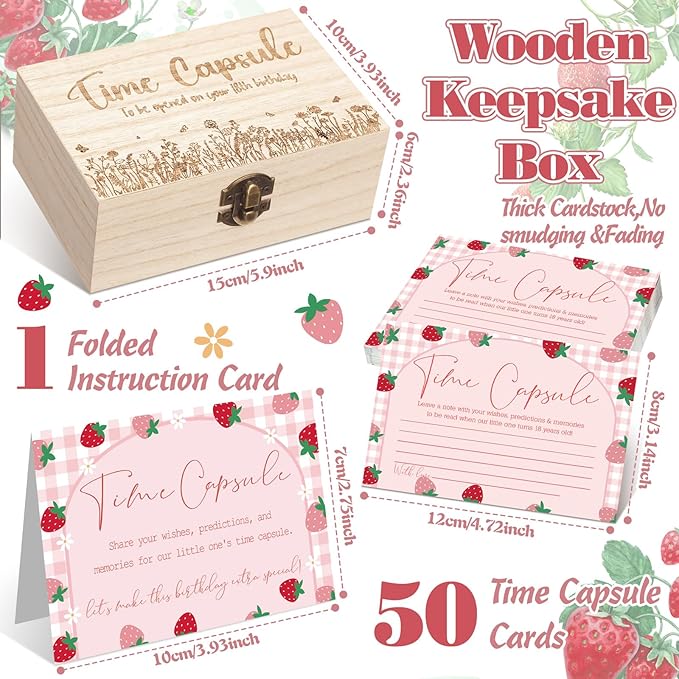 Fuutreo Time Capsule Box 1st Birthday Baby Time Capsule First Birthday Party Games, 1st Activities for Guests, Advice and Wishes Cards Gift Keepsake for Baby Shower Party Supplies(Strawberry)