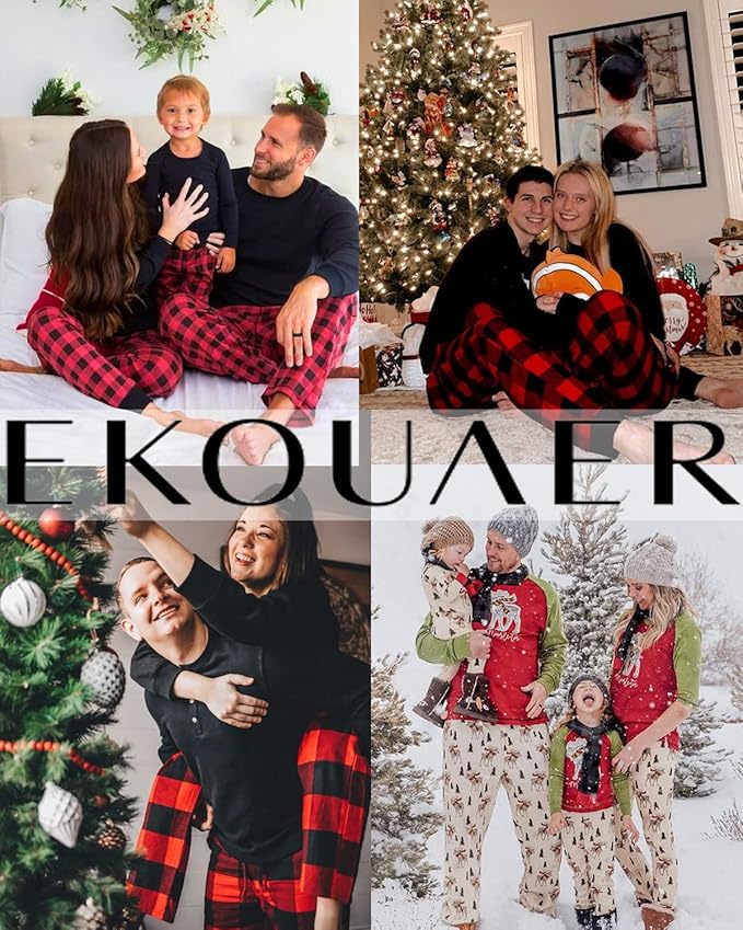 Ekouaer Family Matching Pajamas Christmas Sleepwear Long Sleeve Sleep Shirt with Plaid Pants Soft Loungewear Pjs Set S-XXL