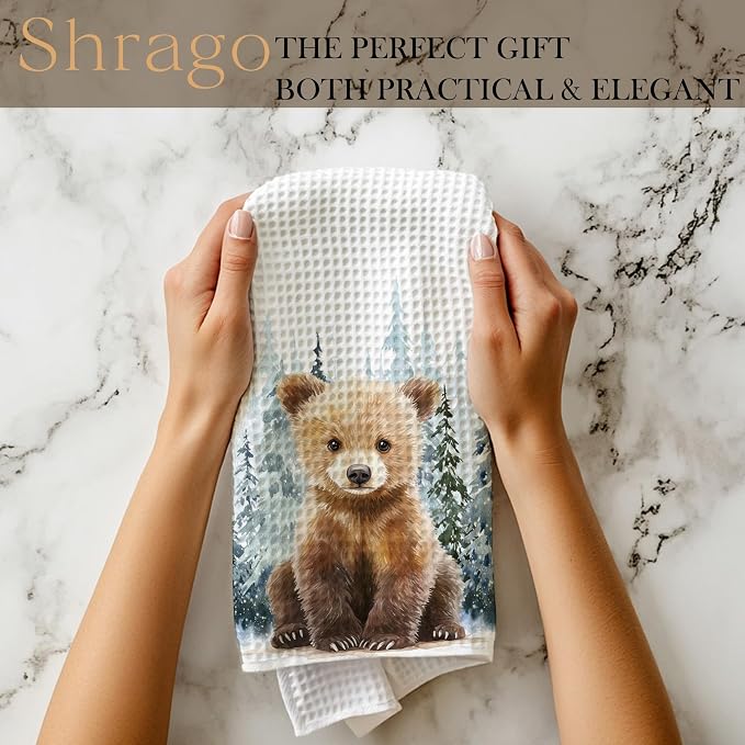 Winter Christmas Bear Kitchen Towels, Bear Lover Gifts Dish Tea Towels for Kitchen, Winter Pine Tree Forest Decorative Hand Towel for Kids Bathroom Decor, 16x24 Inch