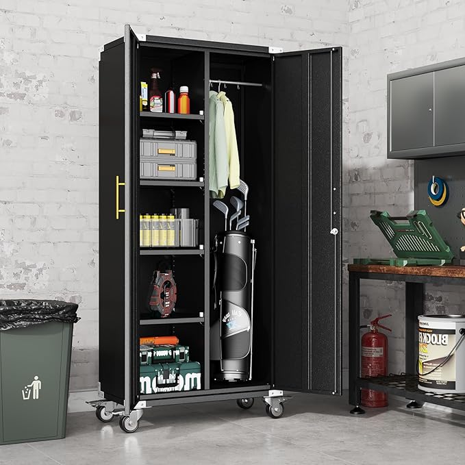 71" Broom Storage Cabinet, Cleaning Tool Storage Cabinet, Garage Utility Storage with Hooks and Hanging Rods, Heavy Duty Garden Tool Organizer, for Home, Garage, Laundry Room, Gym, Workshop.