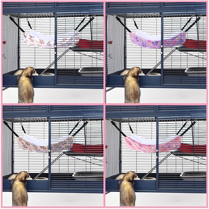 Geelin 4 Pcs Cat Hammock Hanging for Cage Bed, Paw, 16 x 20 Inch | Reversible Soft Pet Sleeping Hammocks with Adjustable Strap, Metal Hook, for Cat, Ferret, Puppy, Rabbit, Kitten, Small Animal