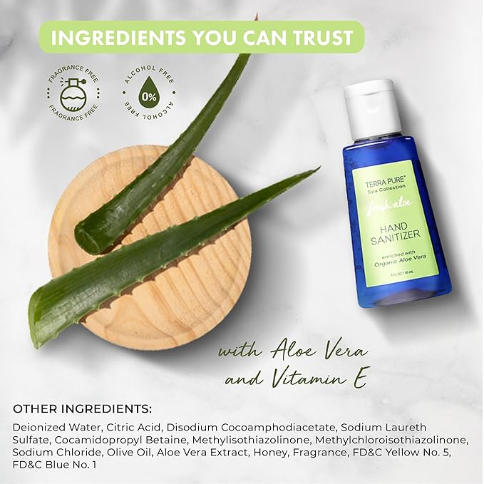 Terra Pure Hotel Hand Sanitizer Gel | Mini Hand Sanitizer Bulk | Alcohol-Free with Organic Aloe Vera | 1oz Bottles