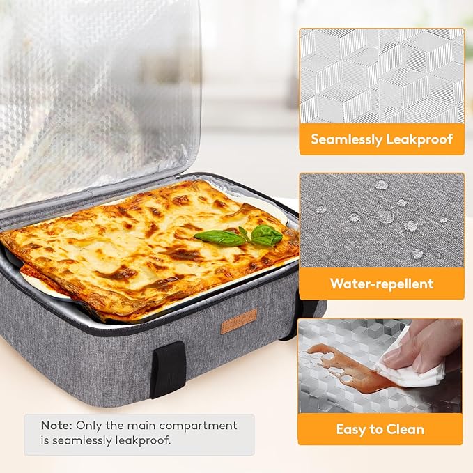 LUNCIA Insulated Single Decker Casserole Carrier, Lasagna Lugger Tote Keeps Food Hot or Cold, Thermal Lunch Bag for Potluck Parties, Picnic and Cookouts, Fits 11"x15" Baking Dish, Grey