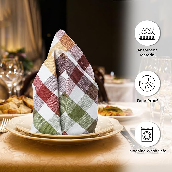Urban Villa Cotton Dinner Napkins Set of 6, Highly Absorbent 20x20 Inches Premium Cloth Napkins Hotel Quality Reusable & Washable Table Dinner Napkins for Home & Weddings - Harvest, Checks