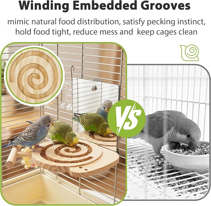 Bird Foraging Toys with Perch & Mirror, Easy for Novice/Older Birds | Kiln-Dried Wood Bird Enrichment Toy for Cage, Slow Feeder & Interaction Puzzle Toy to Reduce Seed Mess, Visible Food Design
