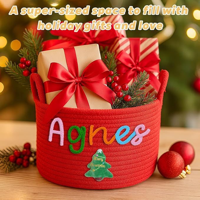 Custom Christmas Baskets for Gifts Empty, Personalized Woven Gift Basket with Kids Name, Baby Toy & Gifts Storage Basket With Name, Christmas Gift for Baby Kids Toddler