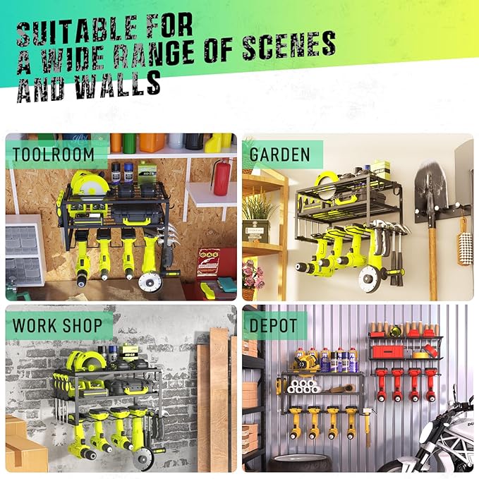 3-Tier Heavy Duty Steel Power Tool Organizer, Matte Black, 3 Layers Tool Rack Cordless Drill, Floating Shelf Wall Mounted, 4 Drill Holders